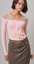 Lace Yoke Ribbed Knit Top with Button Placket in Pink - Women's T-Shirts & Polos | Urban Daizy
