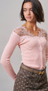 Lace Yoke Ribbed Knit Top with Button Placket in Pink - Women's T-Shirts & Polos | Urban Daizy