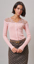 Lace Yoke Ribbed Knit Top with Button Placket in Pink - Women's T-Shirts & Polos | Urban Daizy