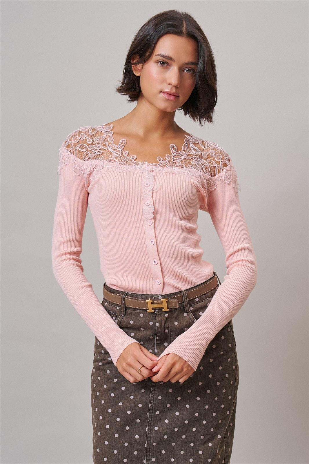 Lace Yoke Ribbed Knit Top with Button Placket in Pink - Women's T-Shirts & Polos | Urban Daizy