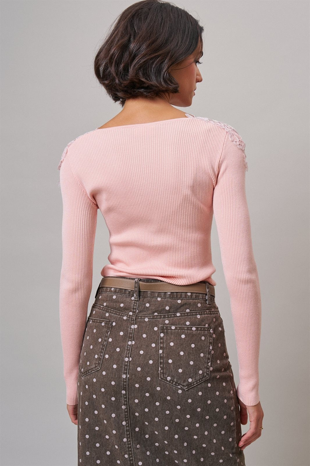 Lace Yoke Ribbed Knit Top with Button Placket in Pink - Women's T-Shirts & Polos | Urban Daizy