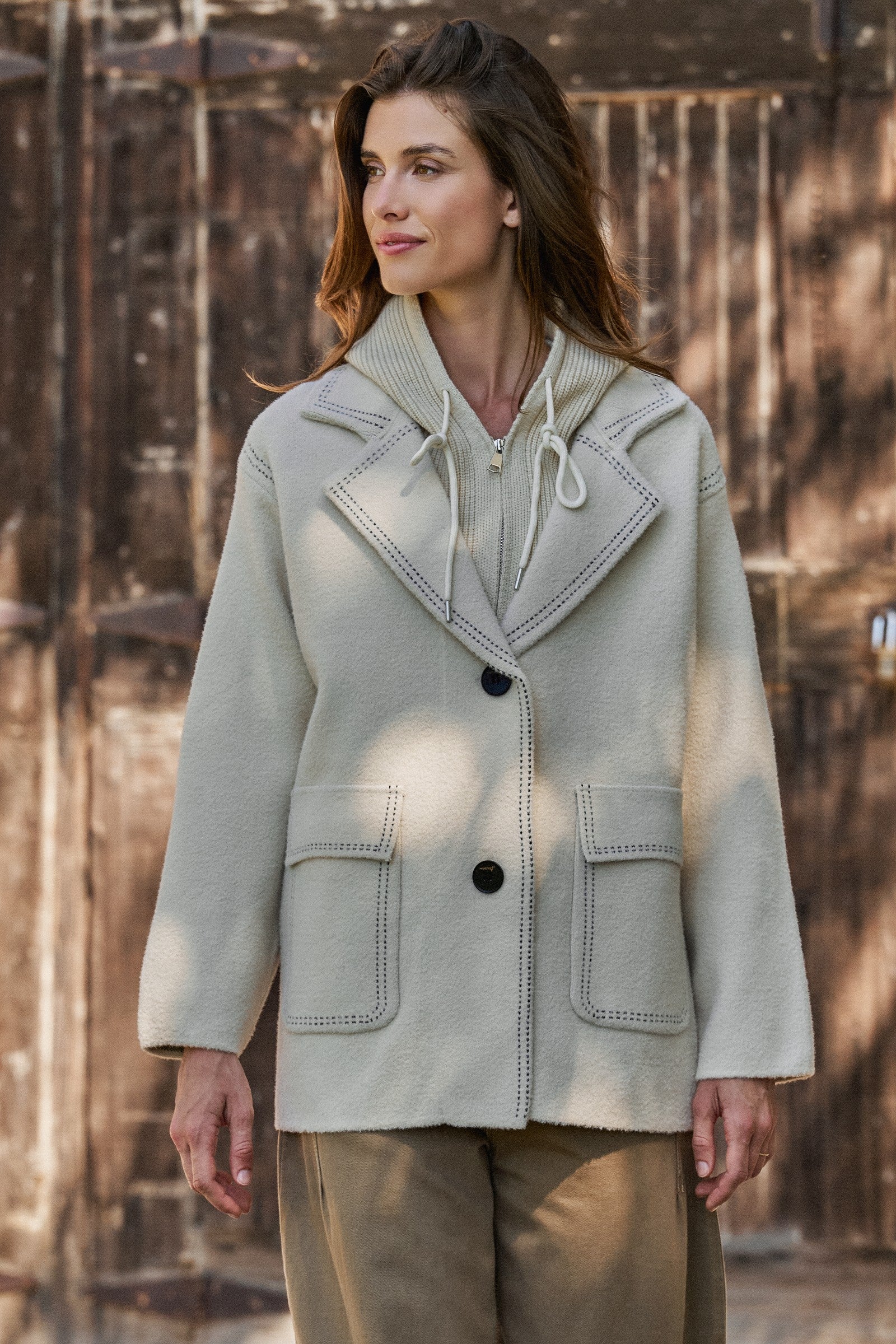 Wool Blend Knit Coat with Zip Hood in Ivory - Women's Coats | Urban Daizy