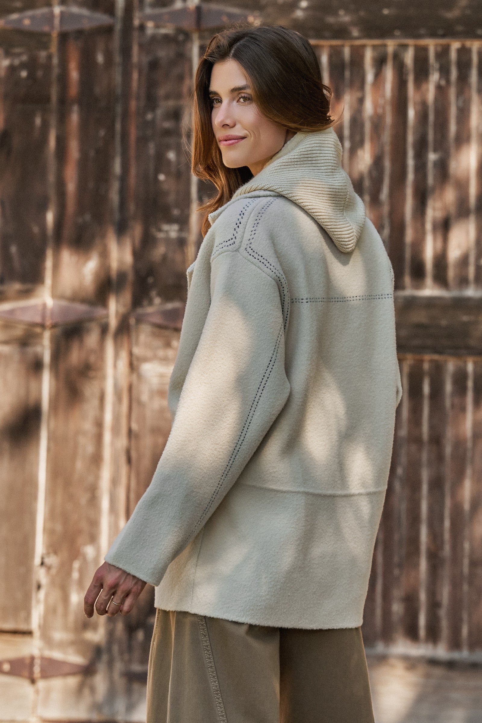 Wool Blend Knit Coat with Zip Hood in Ivory - Women's Coats | Urban Daizy