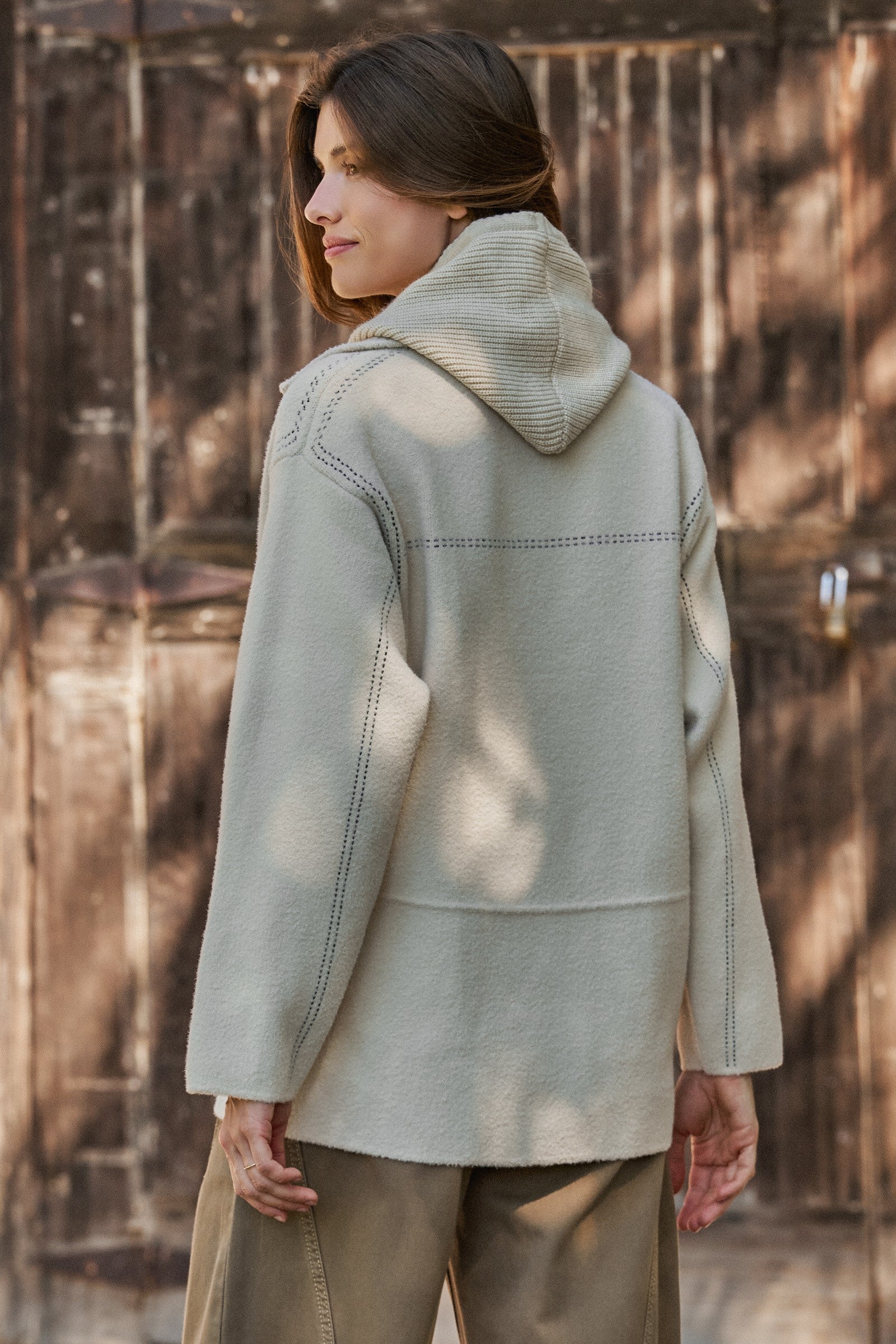 Wool Blend Knit Coat with Zip Hood in Ivory - Women's Coats | Urban Daizy