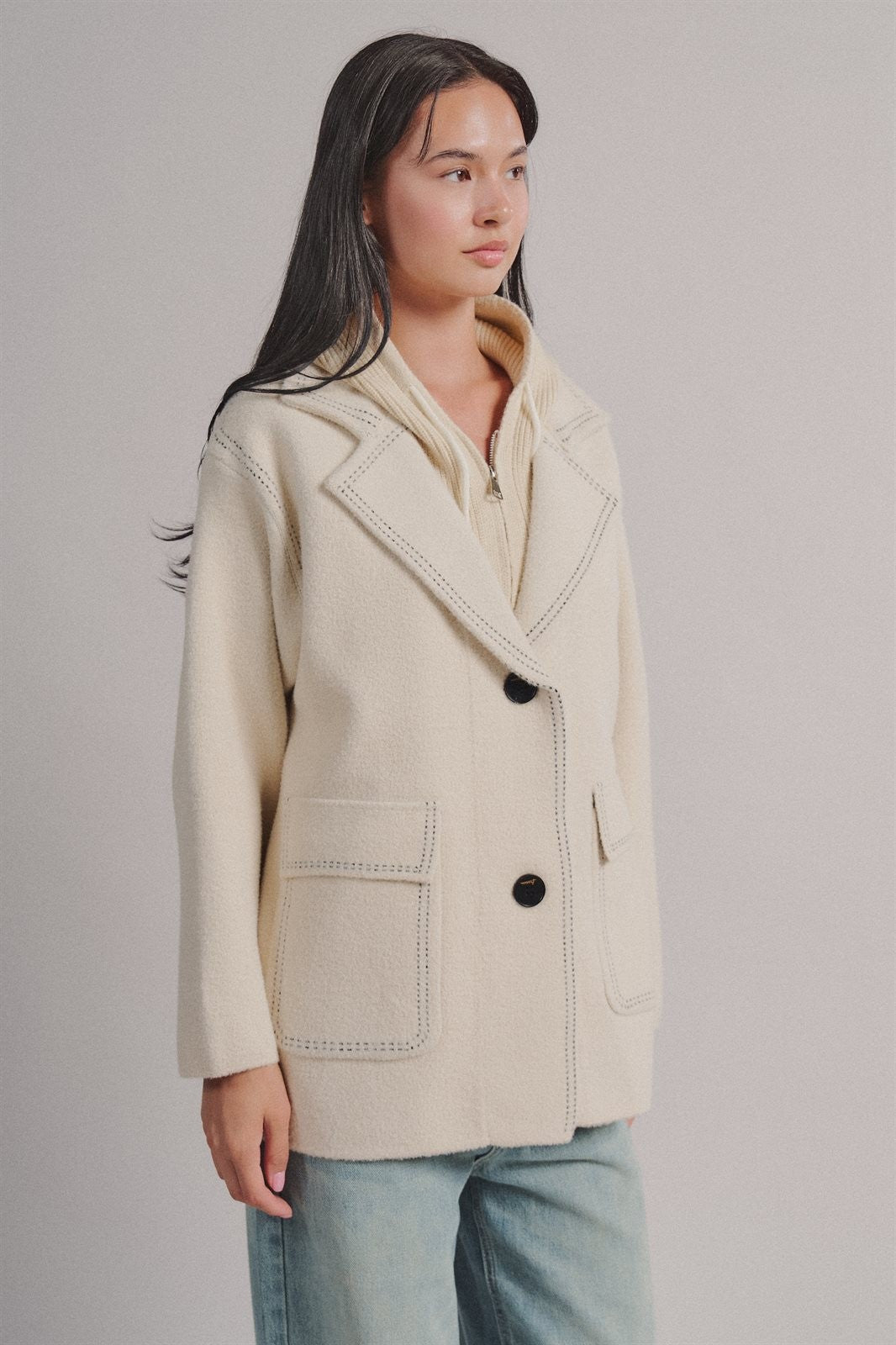 Wool Blend Knit Coat with Zip Hood in Ivory - Women's Coats | Urban Daizy