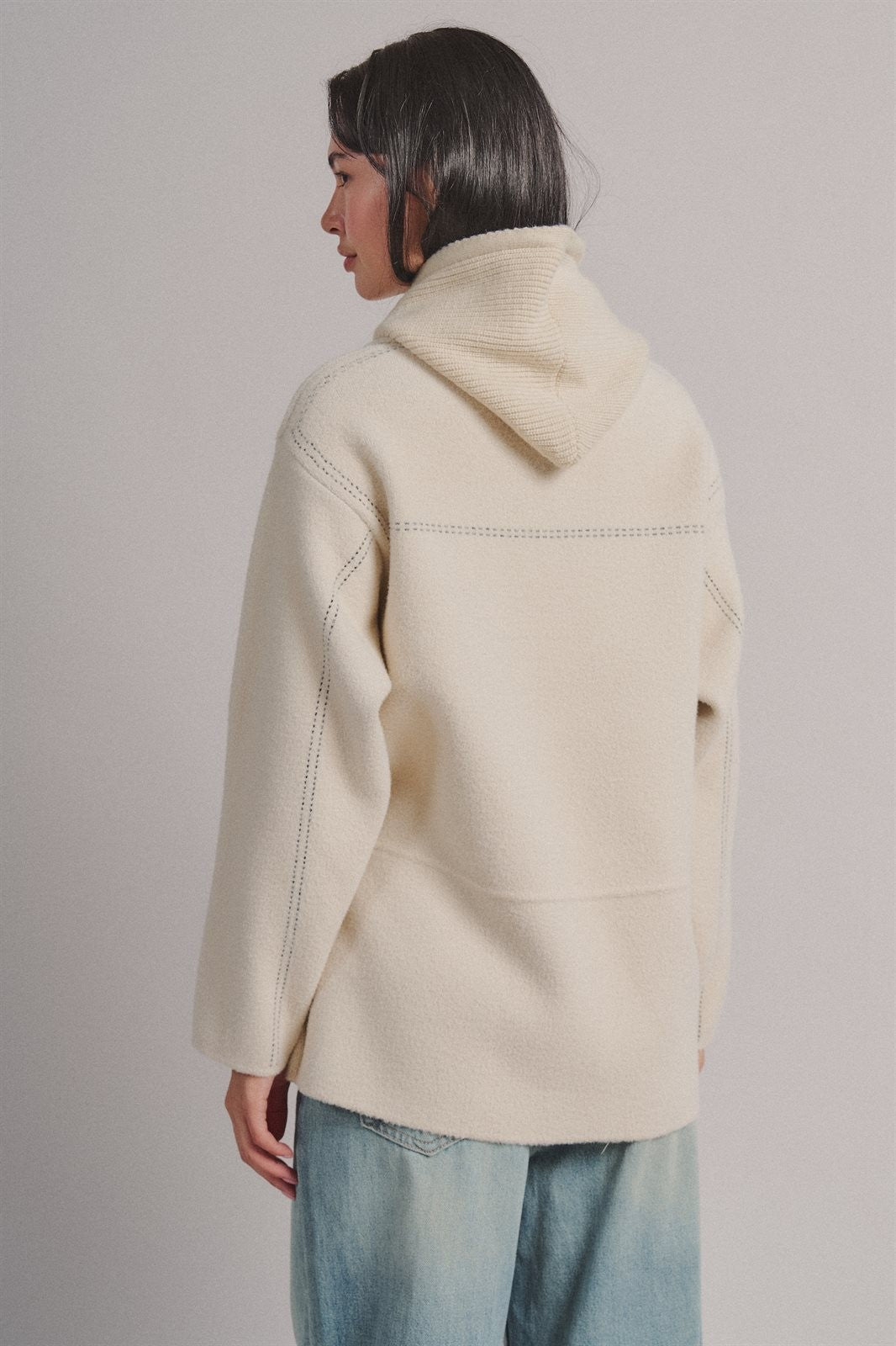 Wool Blend Knit Coat with Zip Hood in Ivory - Women's Coats | Urban Daizy
