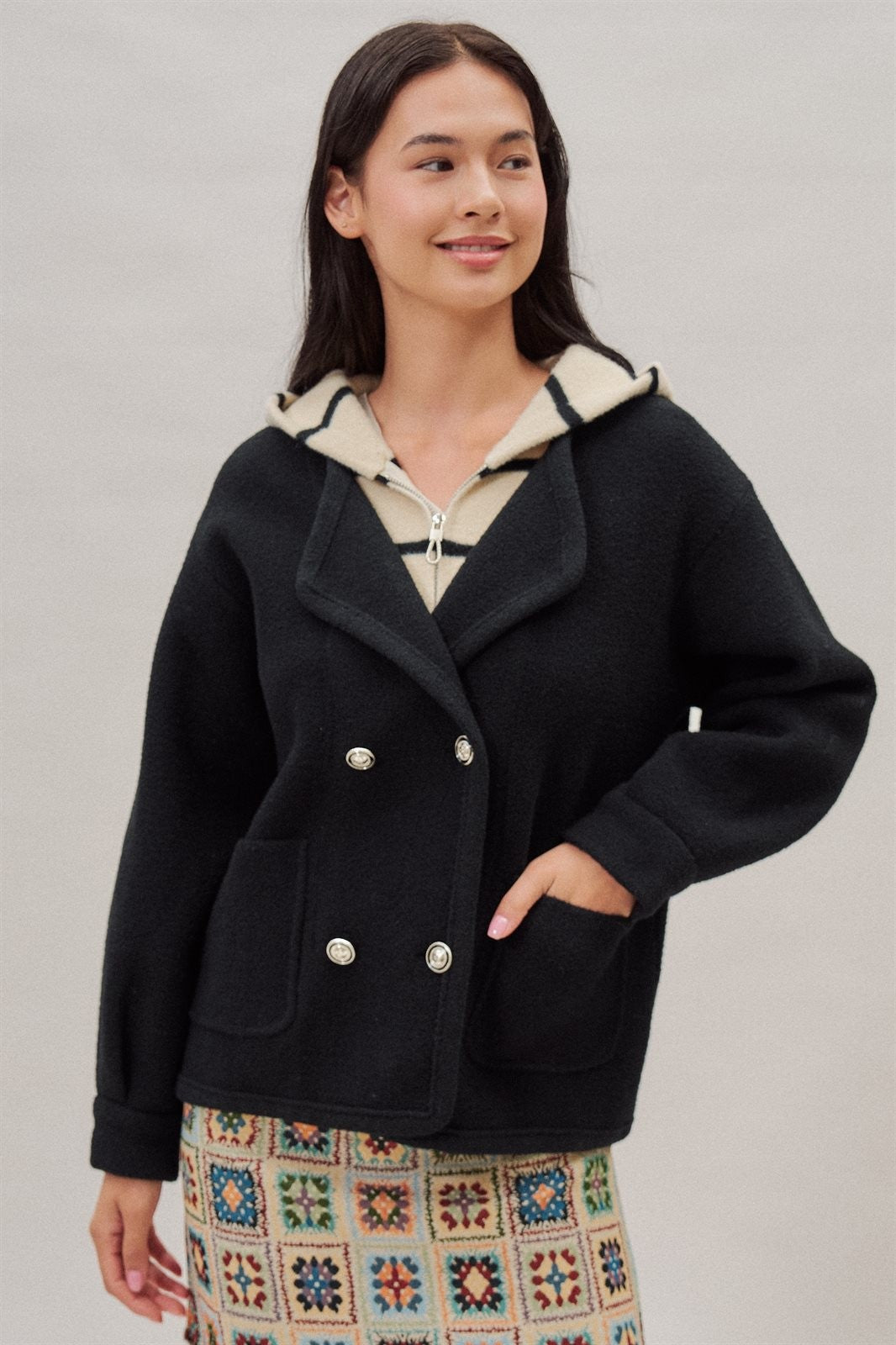 Double Breasted Pea Coat in Black - Women's Coats | Urban Daizy