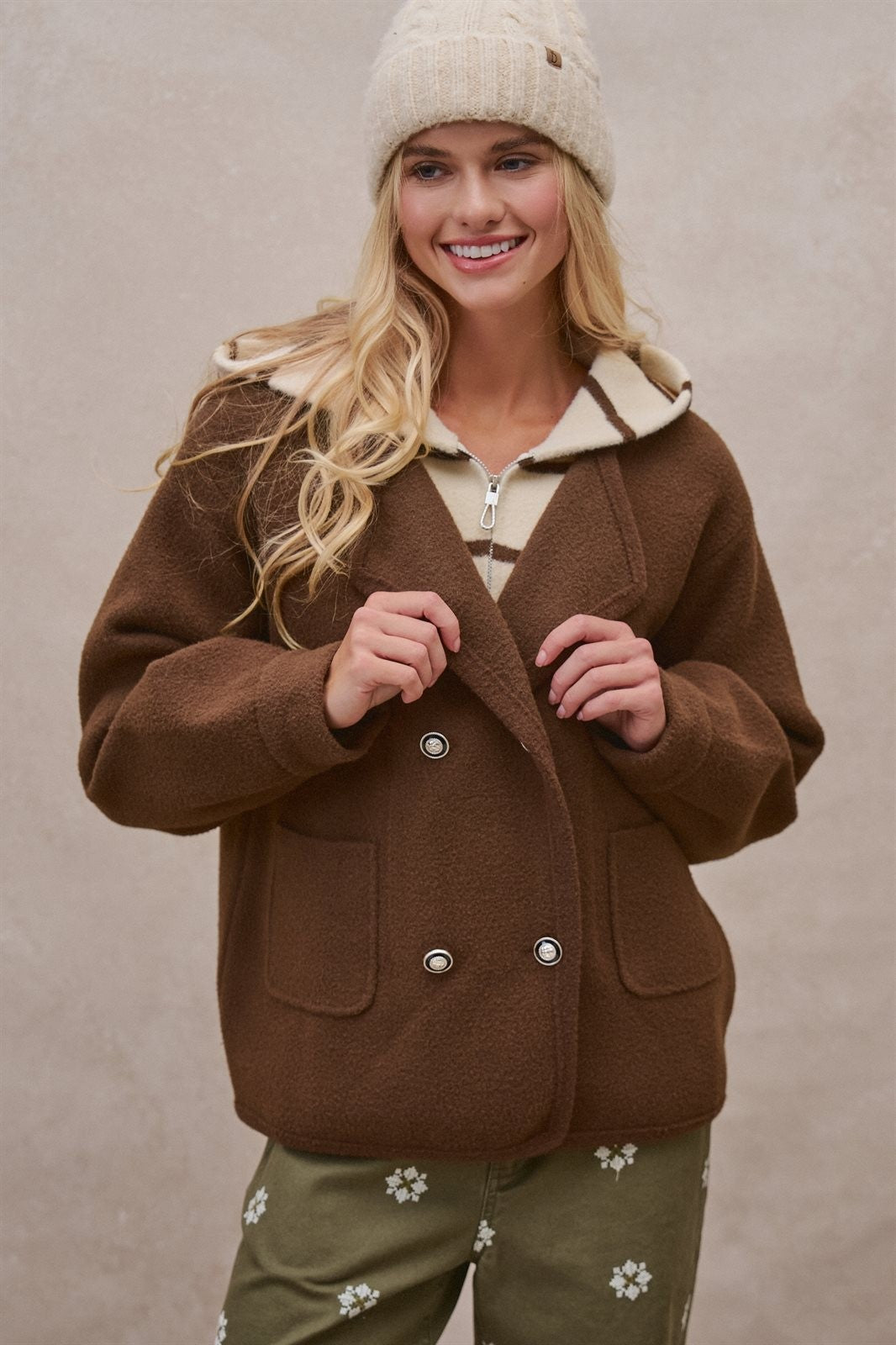 Double Breasted Pea Coat in Brown - Women's Coats | Urban Daizy