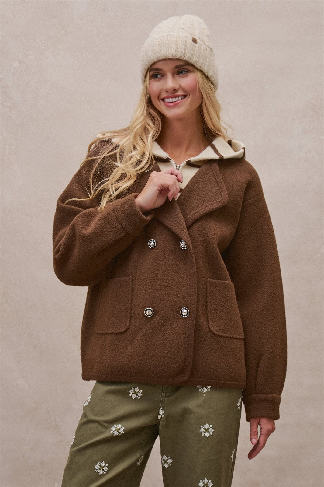 Double Breasted Pea Coat in Brown - Women's Coats | Urban Daizy