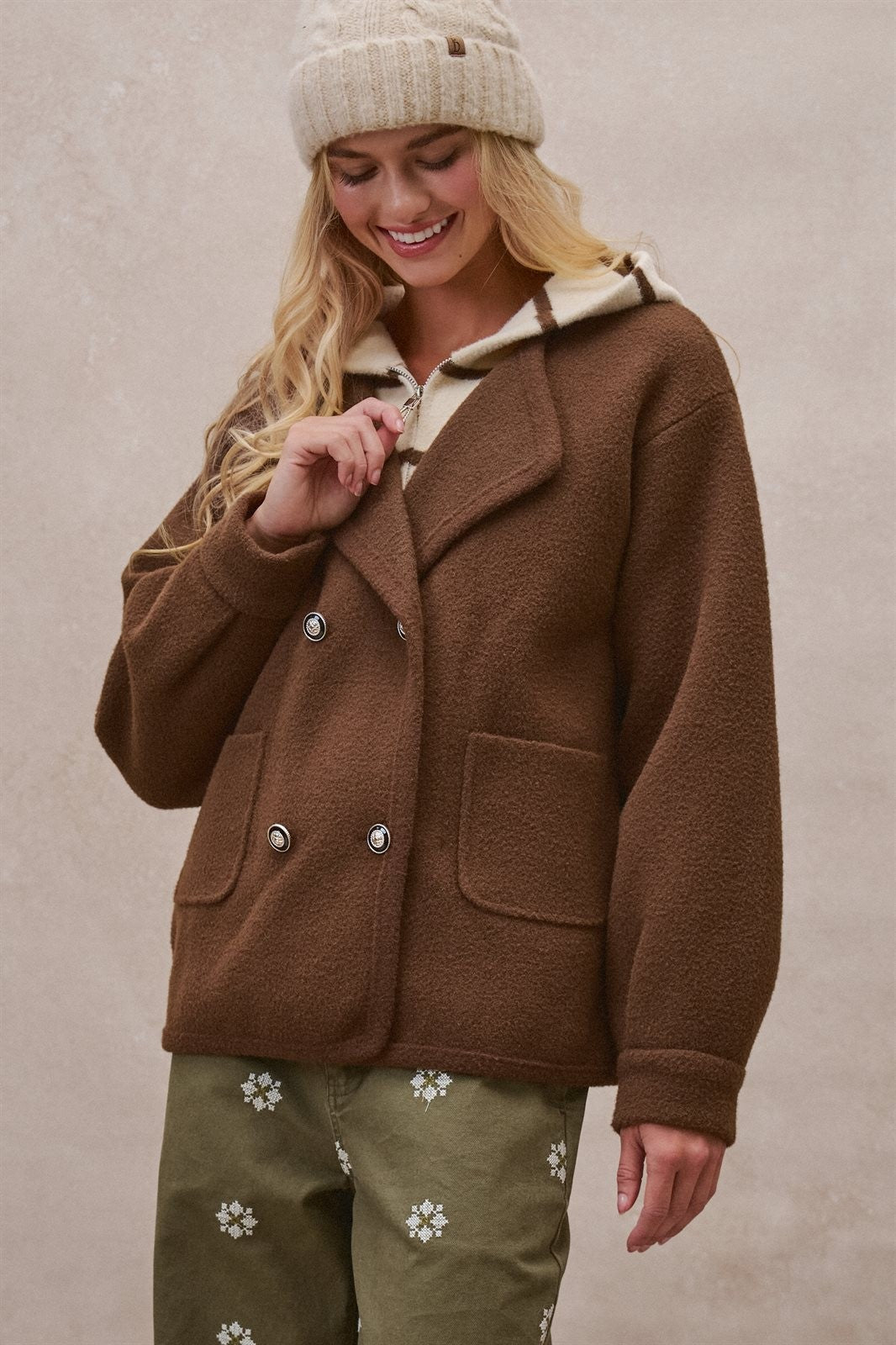 Double Breasted Pea Coat in Brown - Women's Coats | Urban Daizy