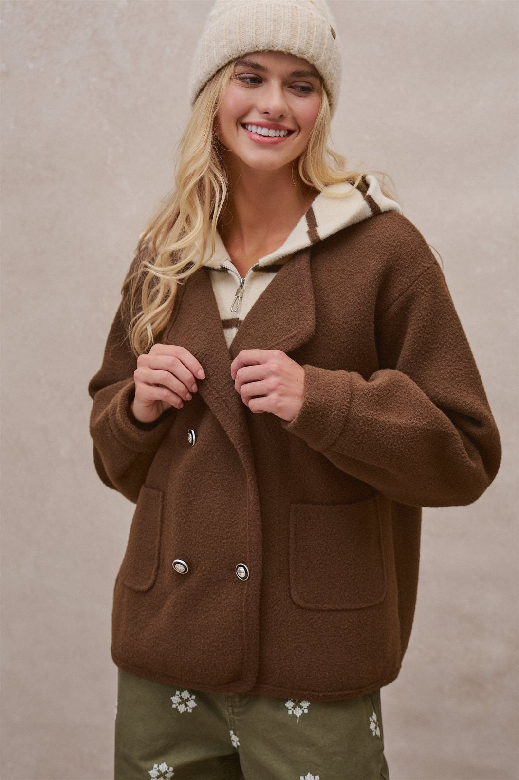 Double Breasted Pea Coat in Brown - Women's Coats | Urban Daizy