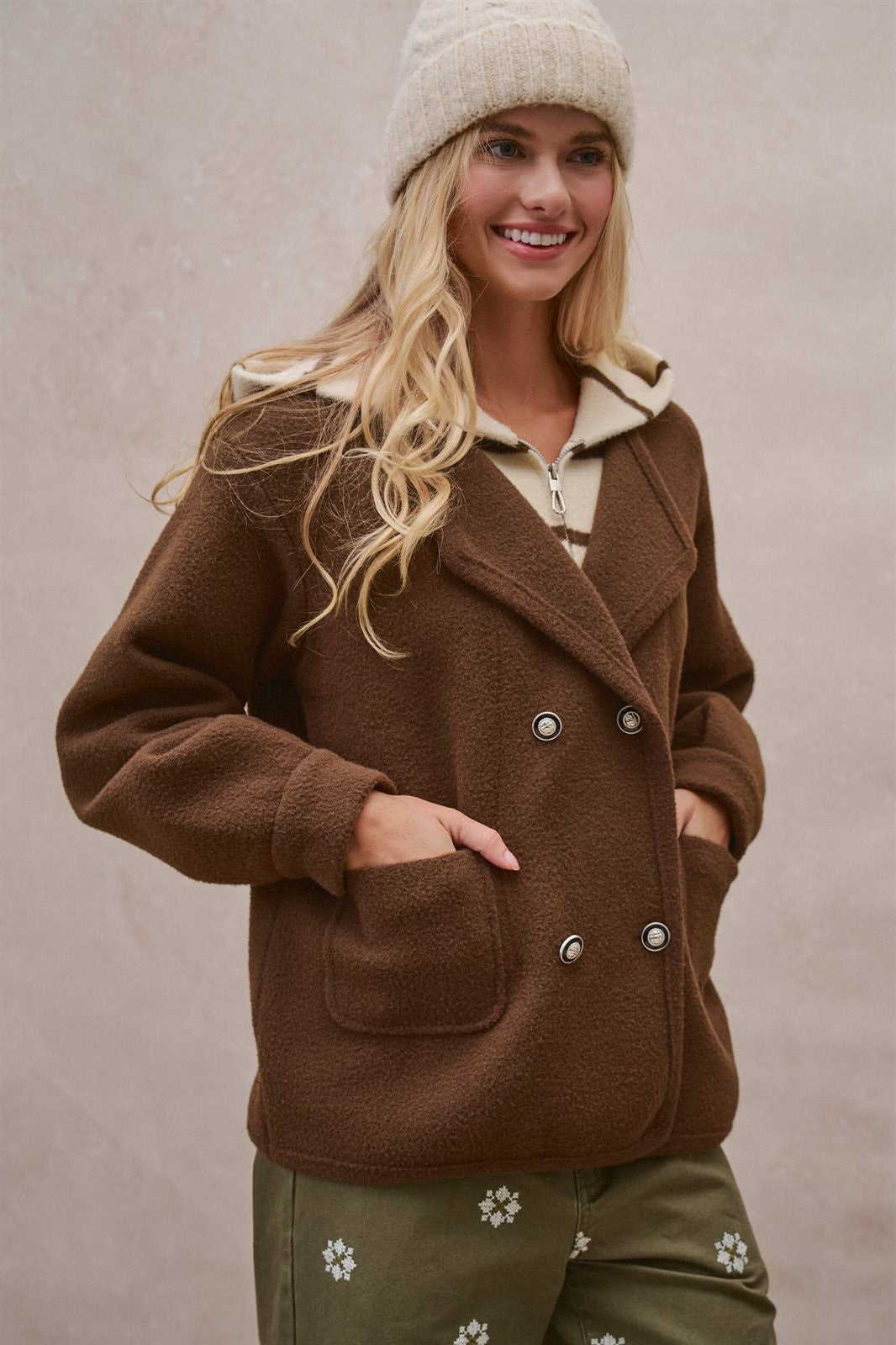 Double Breasted Pea Coat in Brown - Women's Coats | Urban Daizy