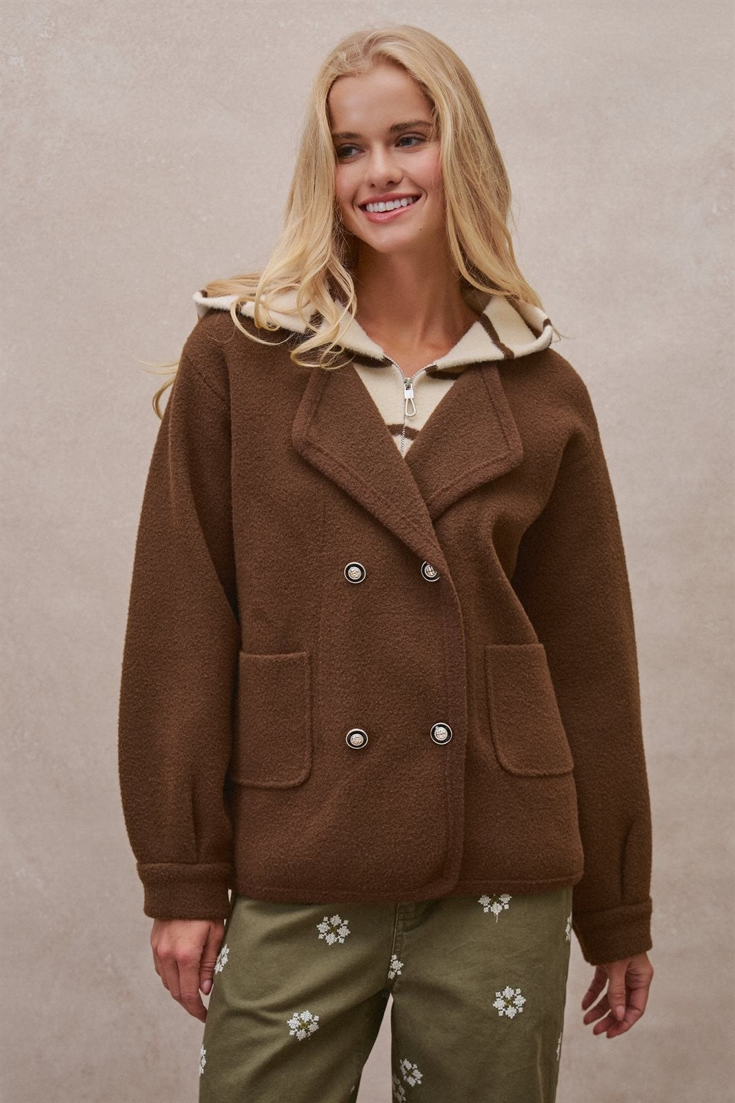 Double Breasted Pea Coat in Brown - Women's Coats | Urban Daizy