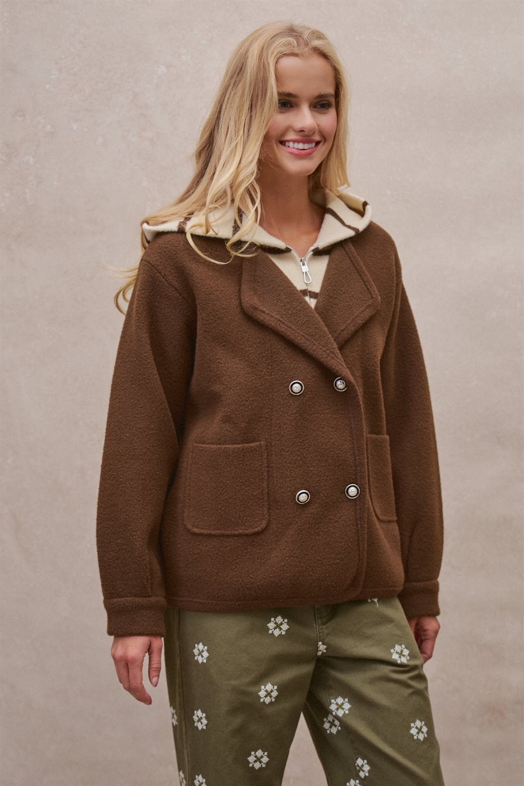 Double Breasted Pea Coat in Brown - Women's Coats | Urban Daizy