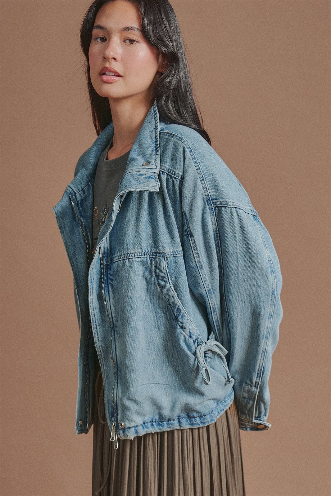 Oversized Drawstring Denim Jacket with Stand Collar in Denim - Women's Fashion | Urban Daizy