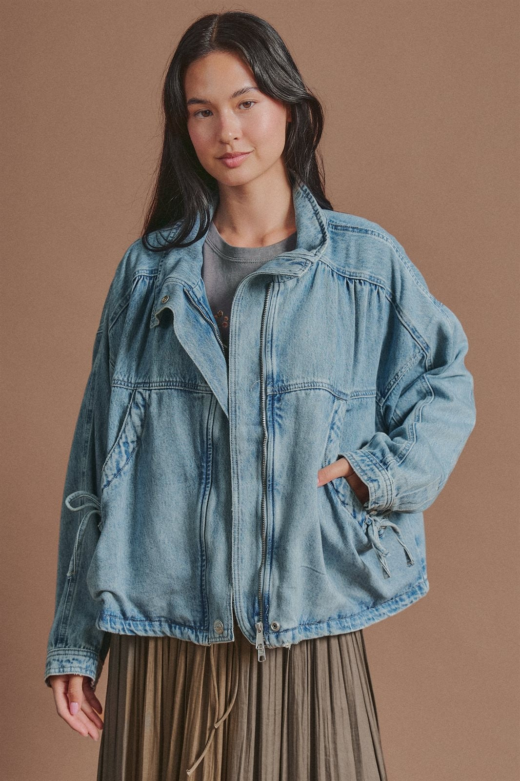Oversized Drawstring Denim Jacket with Stand Collar in Denim - Women's Fashion | Urban Daizy