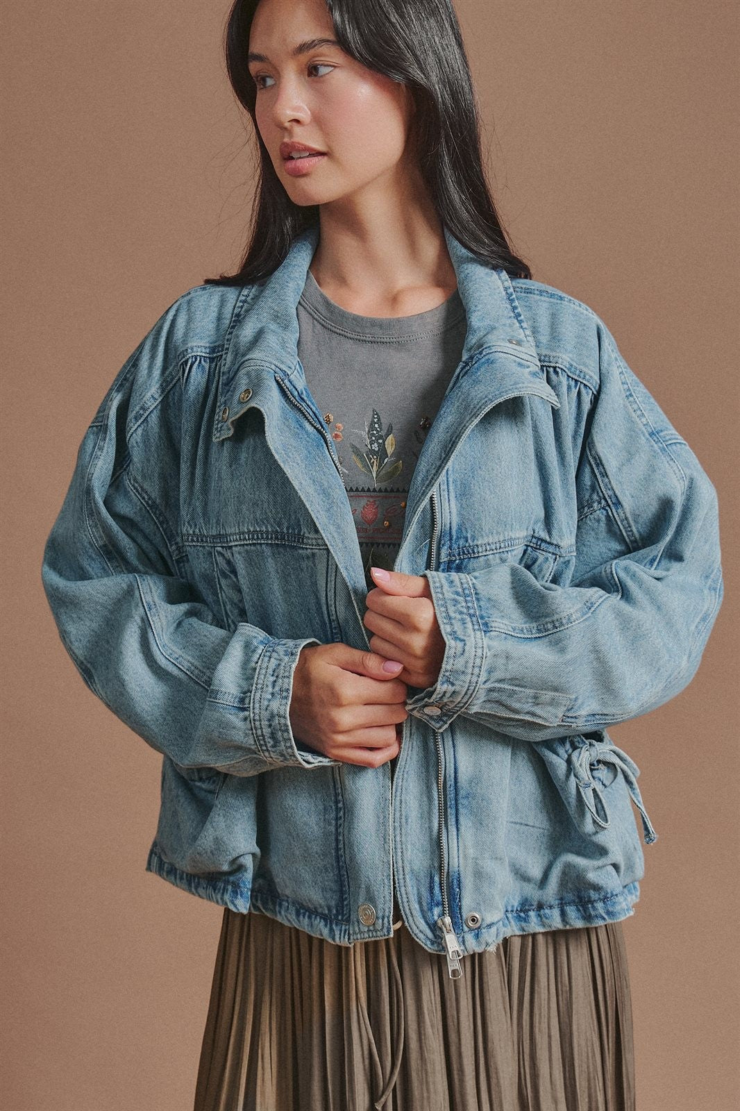 Oversized Drawstring Denim Jacket with Stand Collar in Denim - Women's Fashion | Urban Daizy