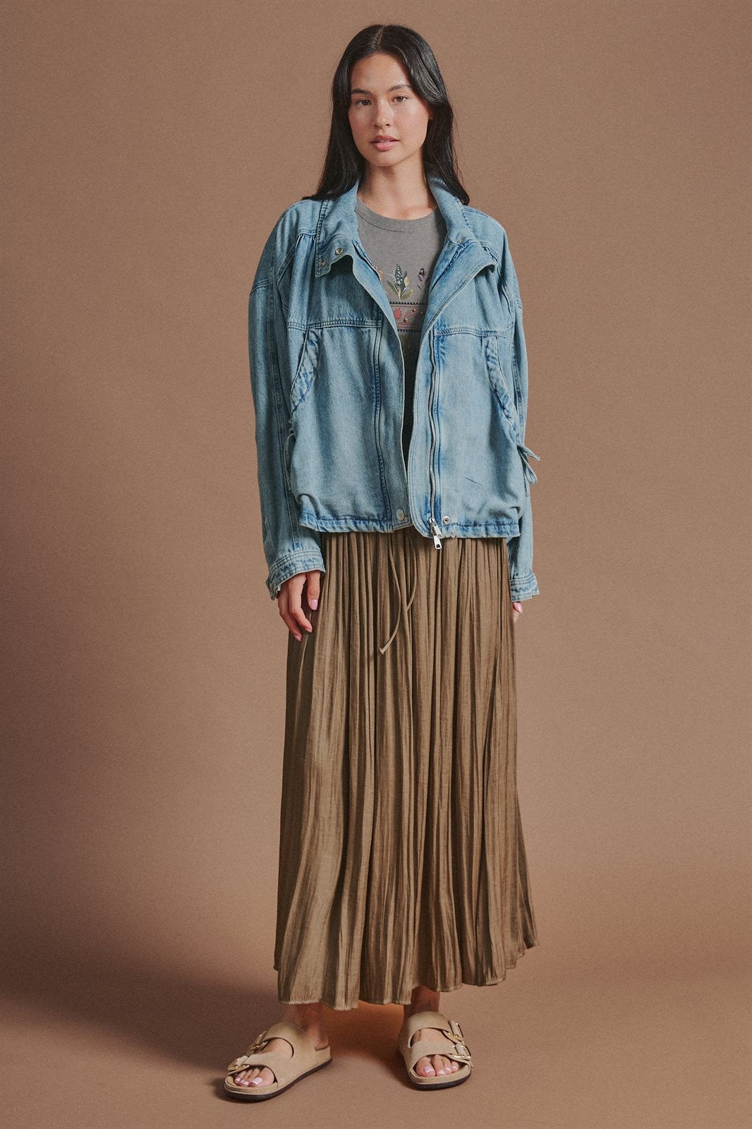 Oversized Drawstring Denim Jacket with Stand Collar in Denim - Women's Fashion | Urban Daizy