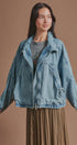 Oversized Drawstring Denim Jacket with Stand Collar in Denim - Women's Fashion | Urban Daizy