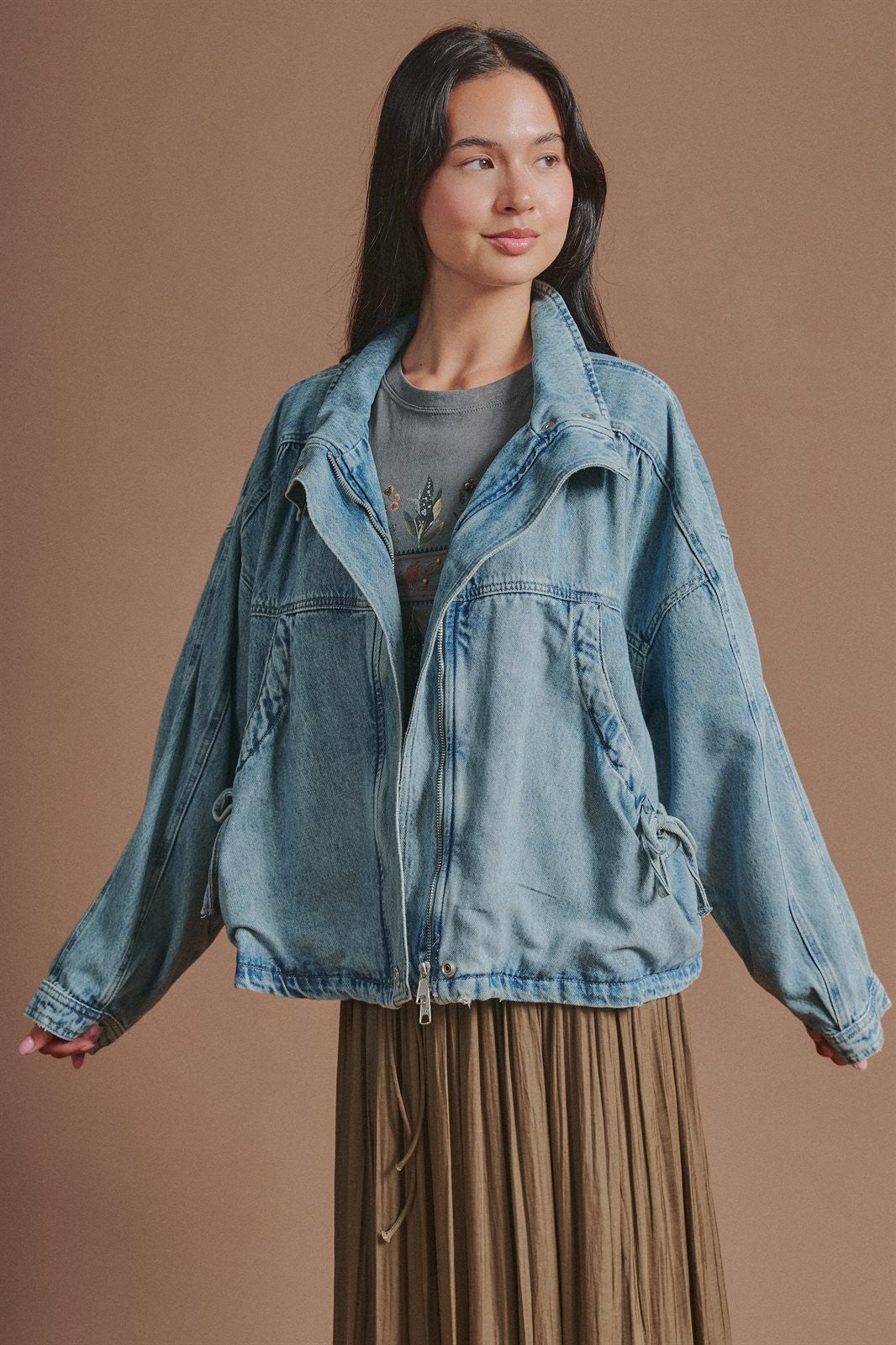 Oversized Drawstring Denim Jacket with Stand Collar in Denim - Women's Fashion | Urban Daizy