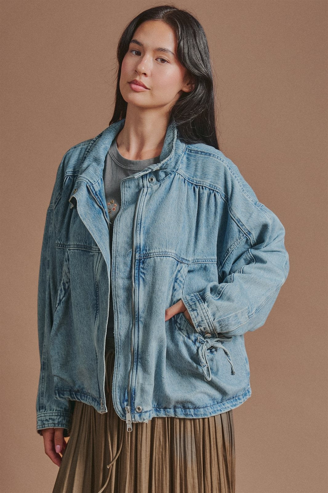 Oversized Drawstring Denim Jacket with Stand Collar in Denim - Women's Fashion | Urban Daizy