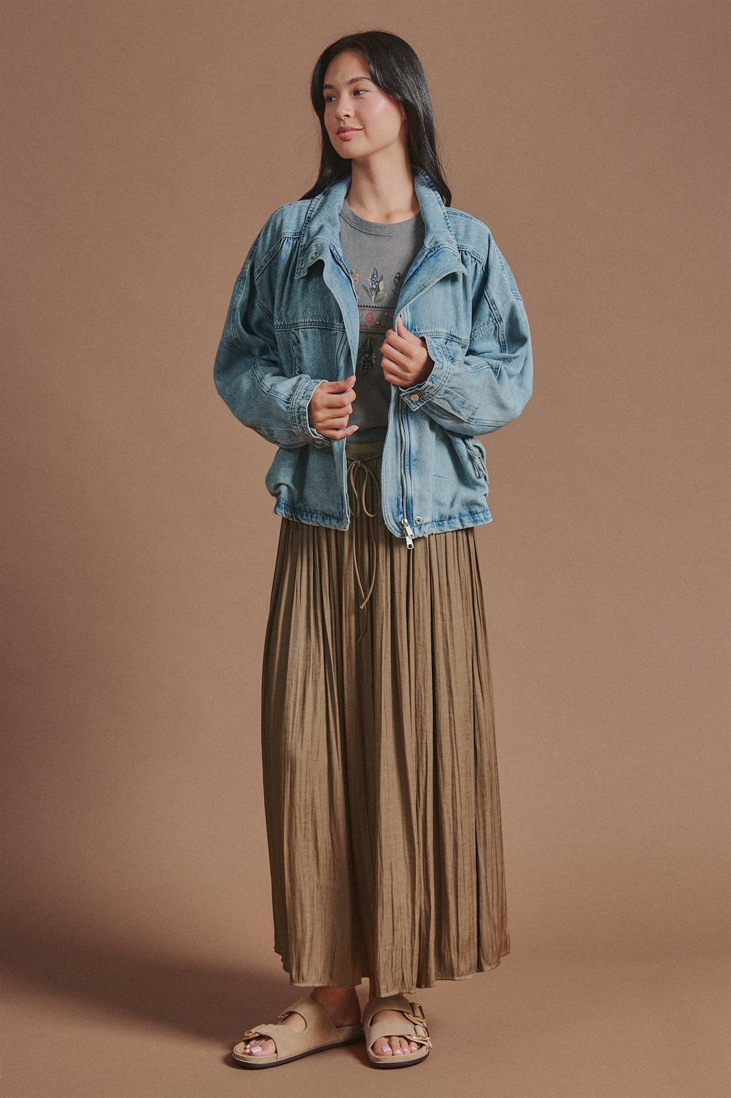 Oversized Drawstring Denim Jacket with Stand Collar in Denim - Women's Fashion | Urban Daizy