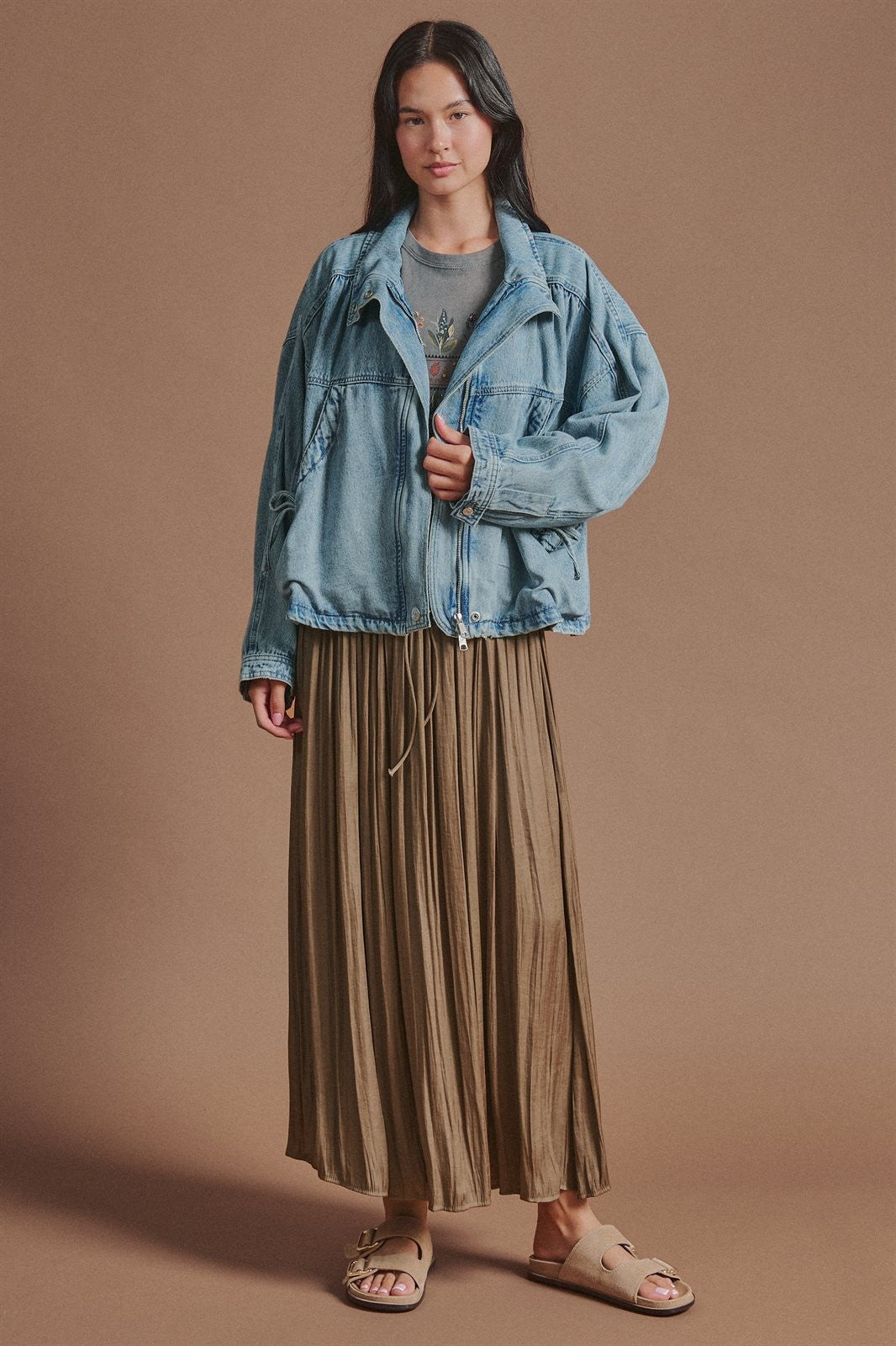 Oversized Drawstring Denim Jacket with Stand Collar in Denim - Women's Fashion | Urban Daizy