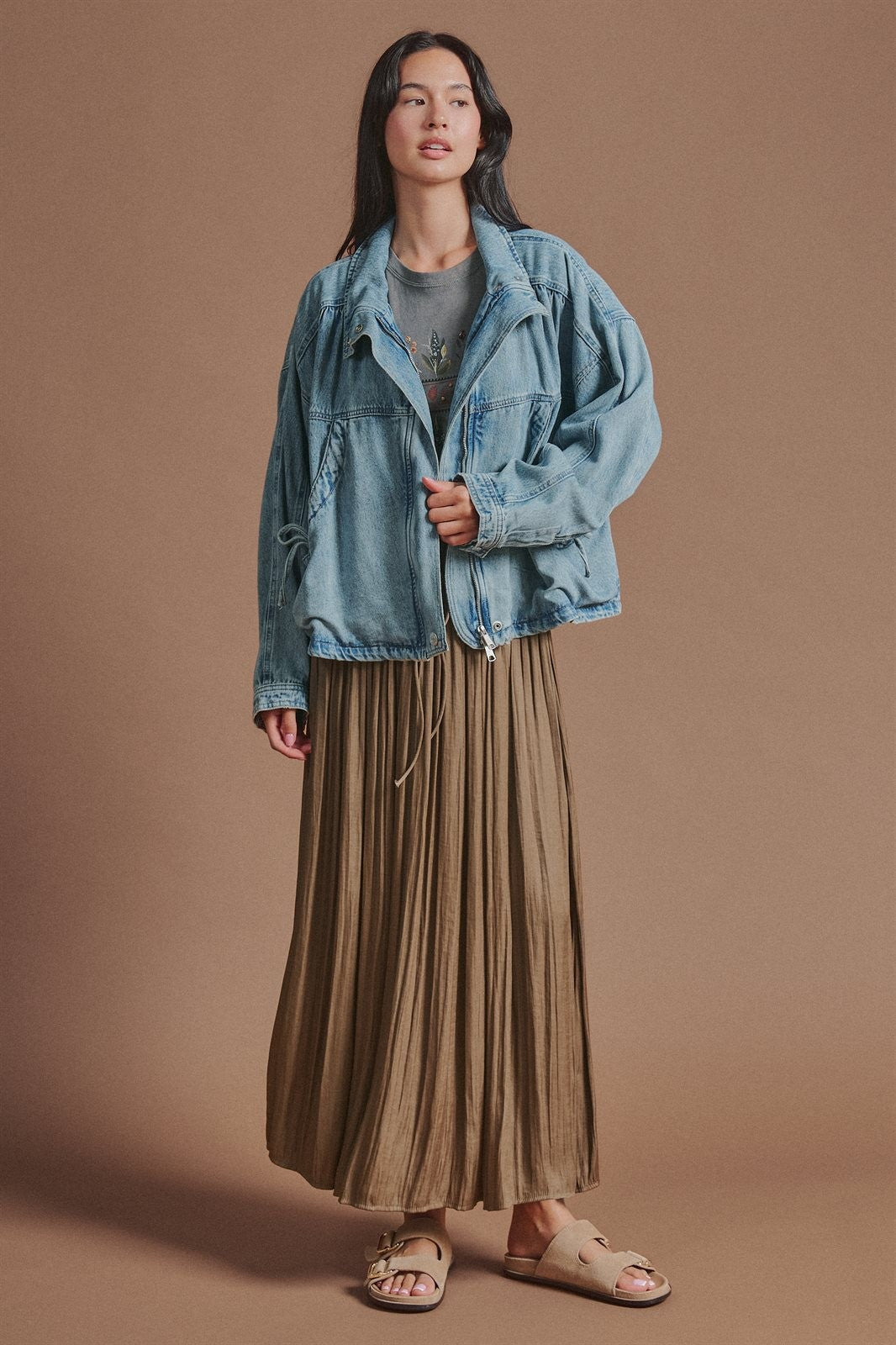 Oversized Drawstring Denim Jacket with Stand Collar in Denim - Women's Fashion | Urban Daizy