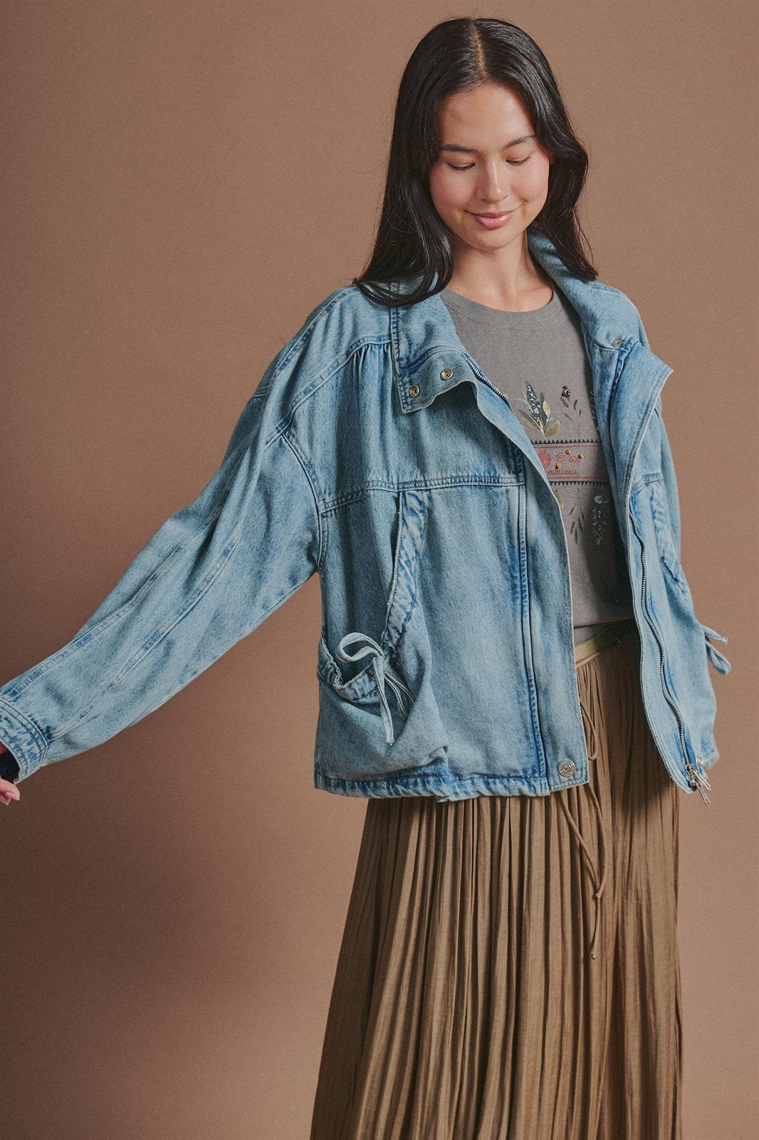 Oversized Drawstring Denim Jacket with Stand Collar in Denim - Women's Fashion | Urban Daizy