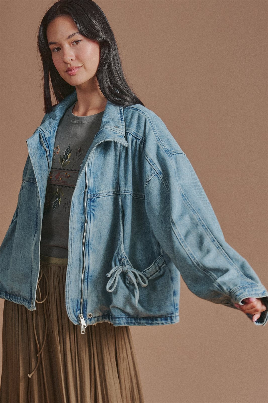 Oversized Drawstring Denim Jacket with Stand Collar in Denim - Women's Fashion | Urban Daizy