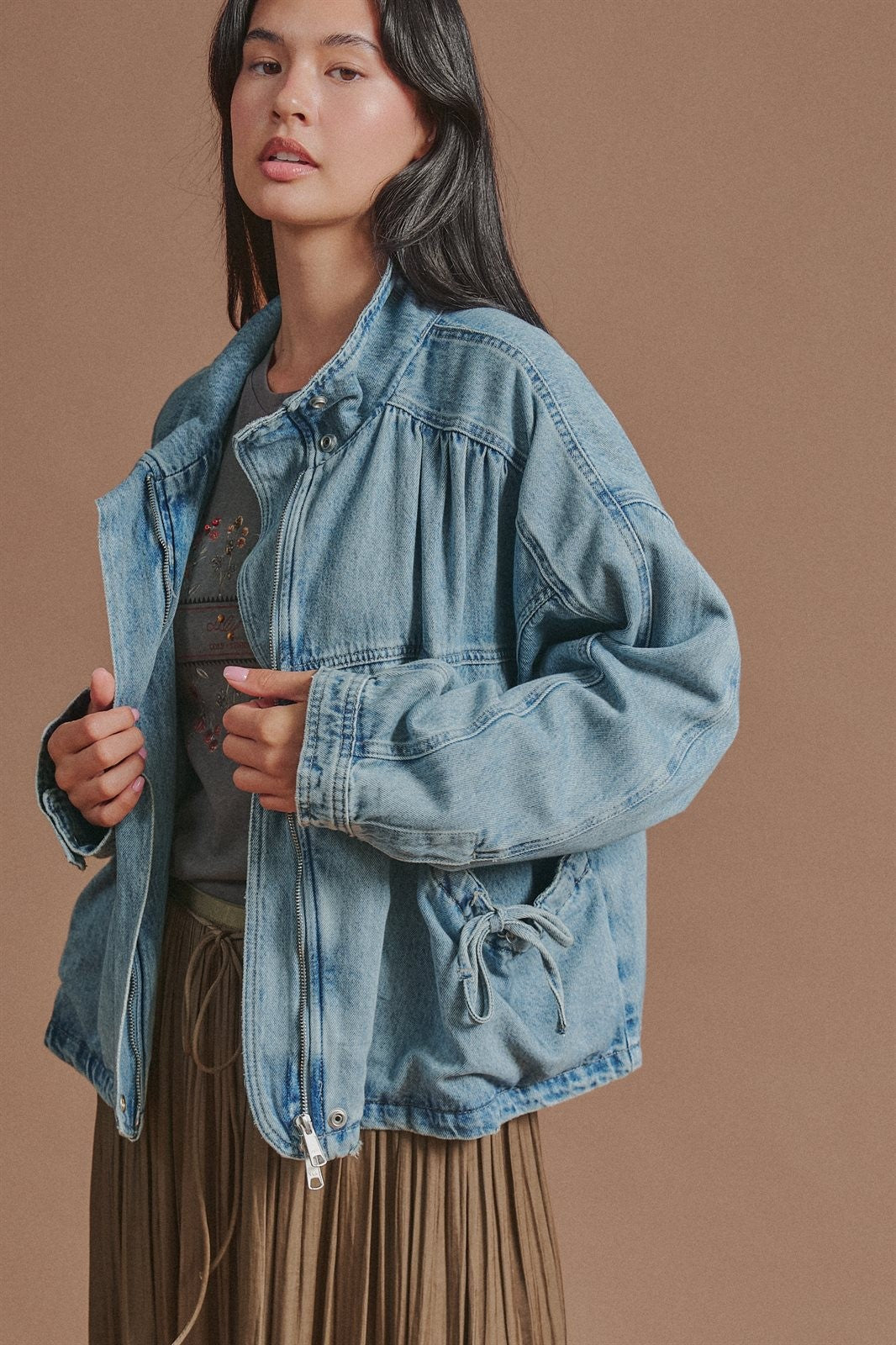 Oversized Drawstring Denim Jacket with Stand Collar in Denim - Women's Fashion | Urban Daizy