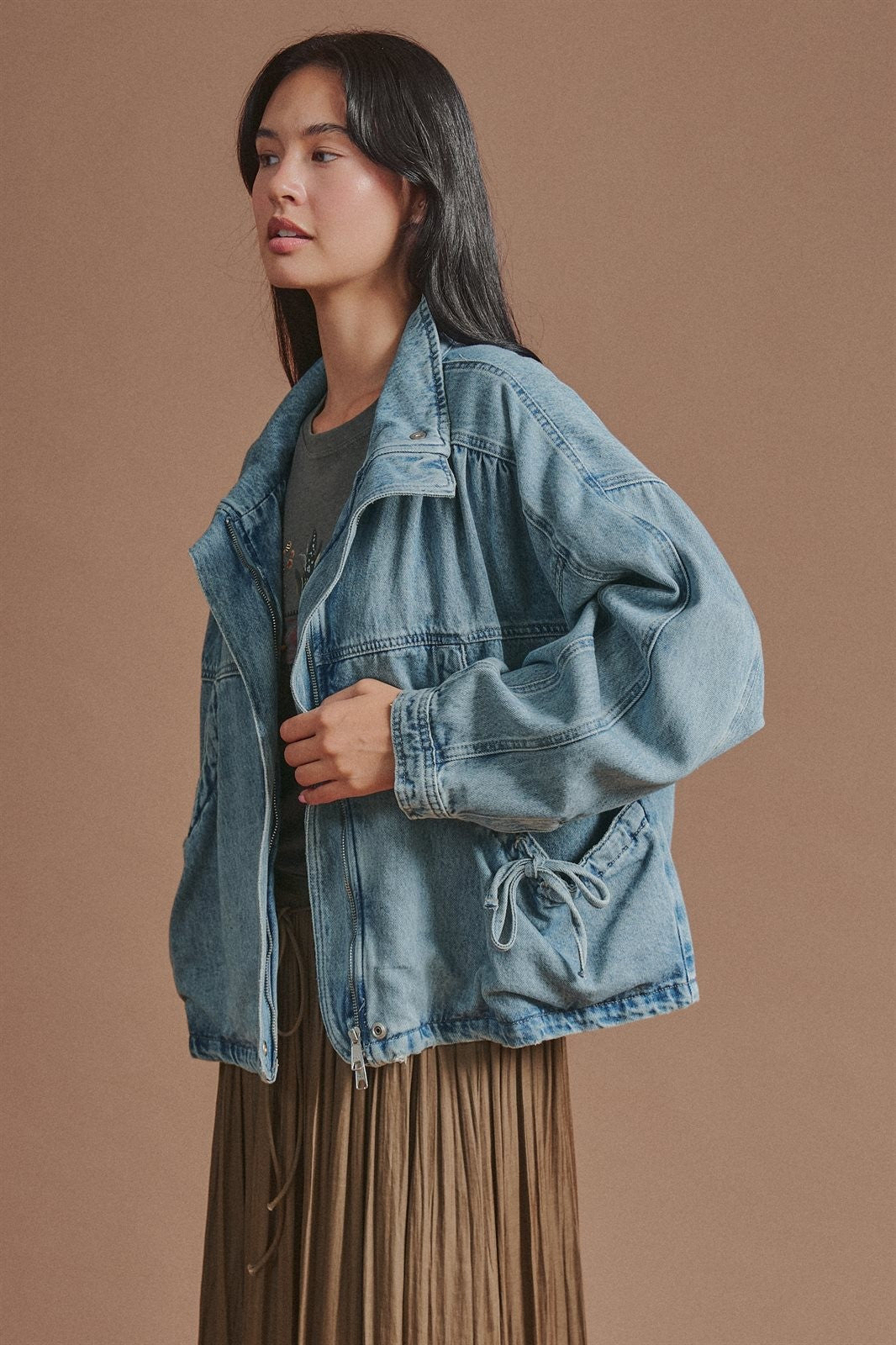 Oversized Drawstring Denim Jacket with Stand Collar in Denim - Women's Fashion | Urban Daizy