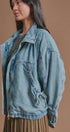 Oversized Drawstring Denim Jacket with Stand Collar in Denim - Women's Fashion | Urban Daizy