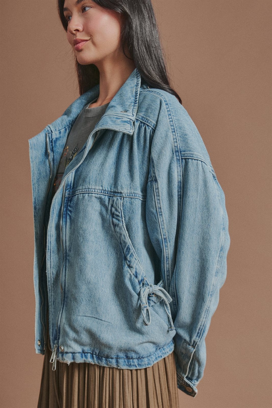Oversized Drawstring Denim Jacket with Stand Collar in Denim - Women's Fashion | Urban Daizy