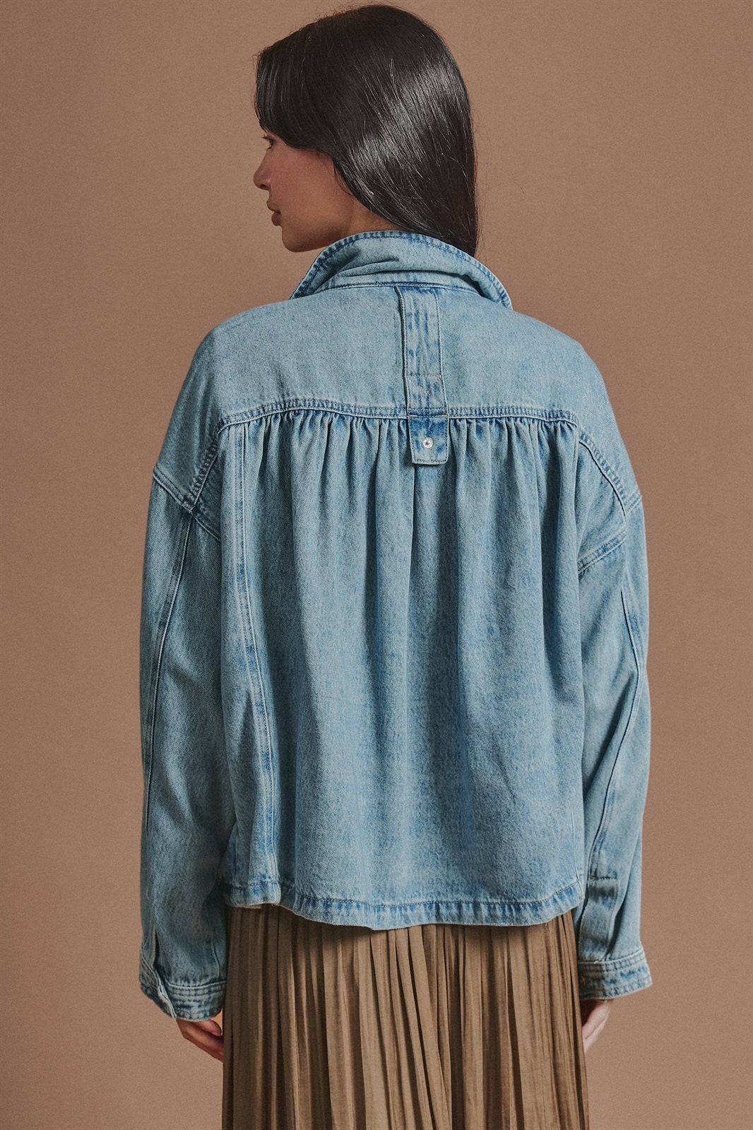 Oversized Drawstring Denim Jacket with Stand Collar in Denim - Women's Fashion | Urban Daizy