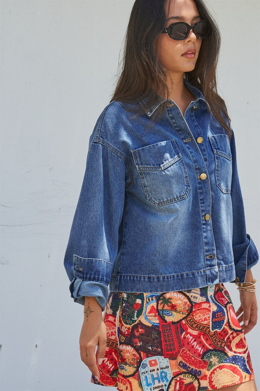 Vintage Wash Denim Shirt Jacket With Gold Buttons in Denim Blue - Women's Fashion | Urban Daizy