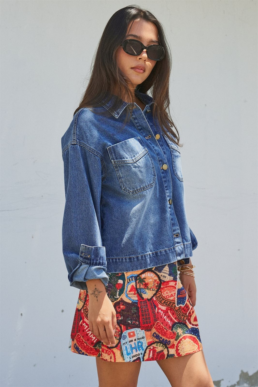 Vintage Wash Denim Shirt Jacket With Gold Buttons in Denim Blue - Women's Fashion | Urban Daizy