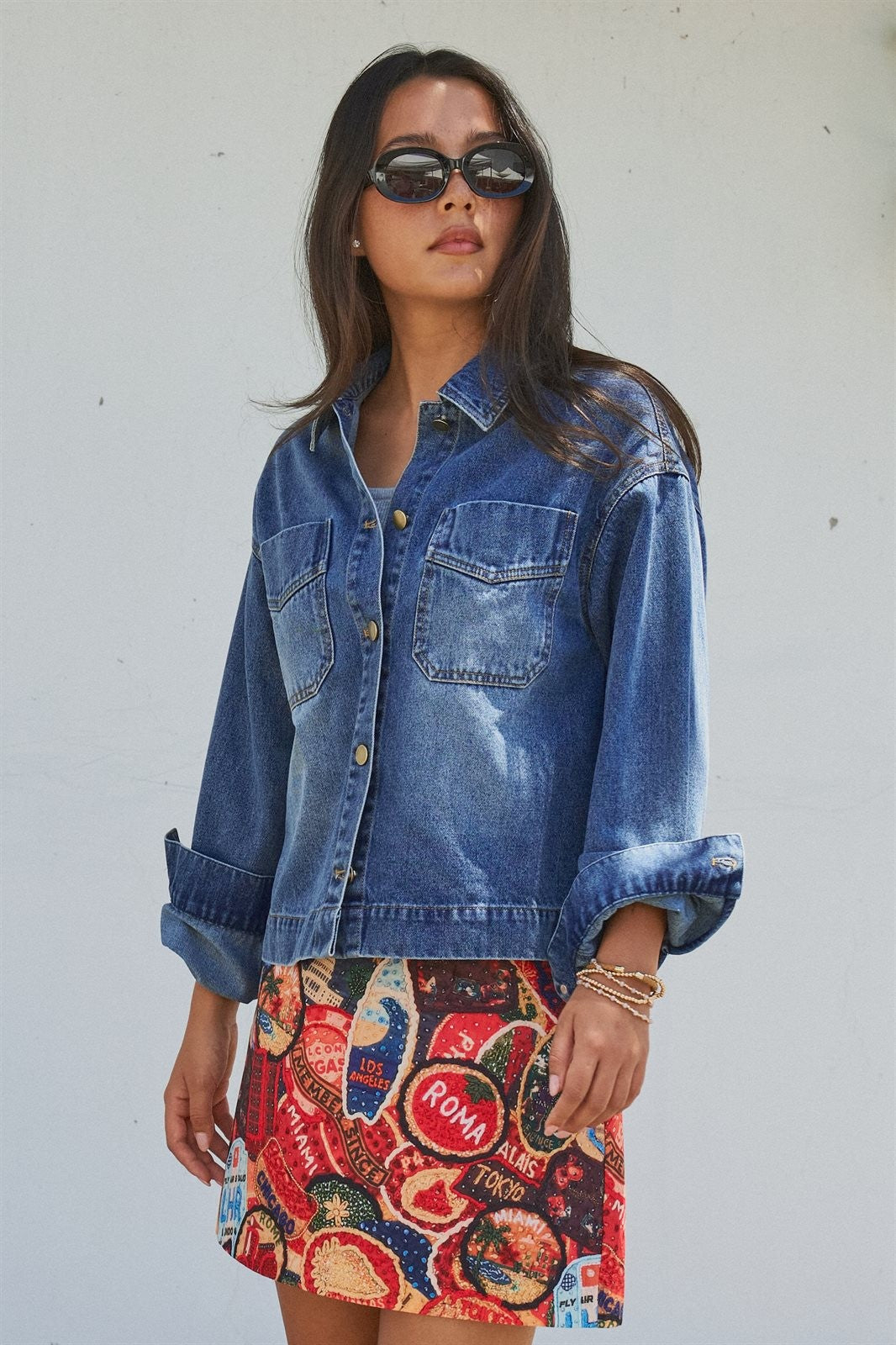 Vintage Wash Denim Shirt Jacket With Gold Buttons in Denim Blue - Women's Fashion | Urban Daizy