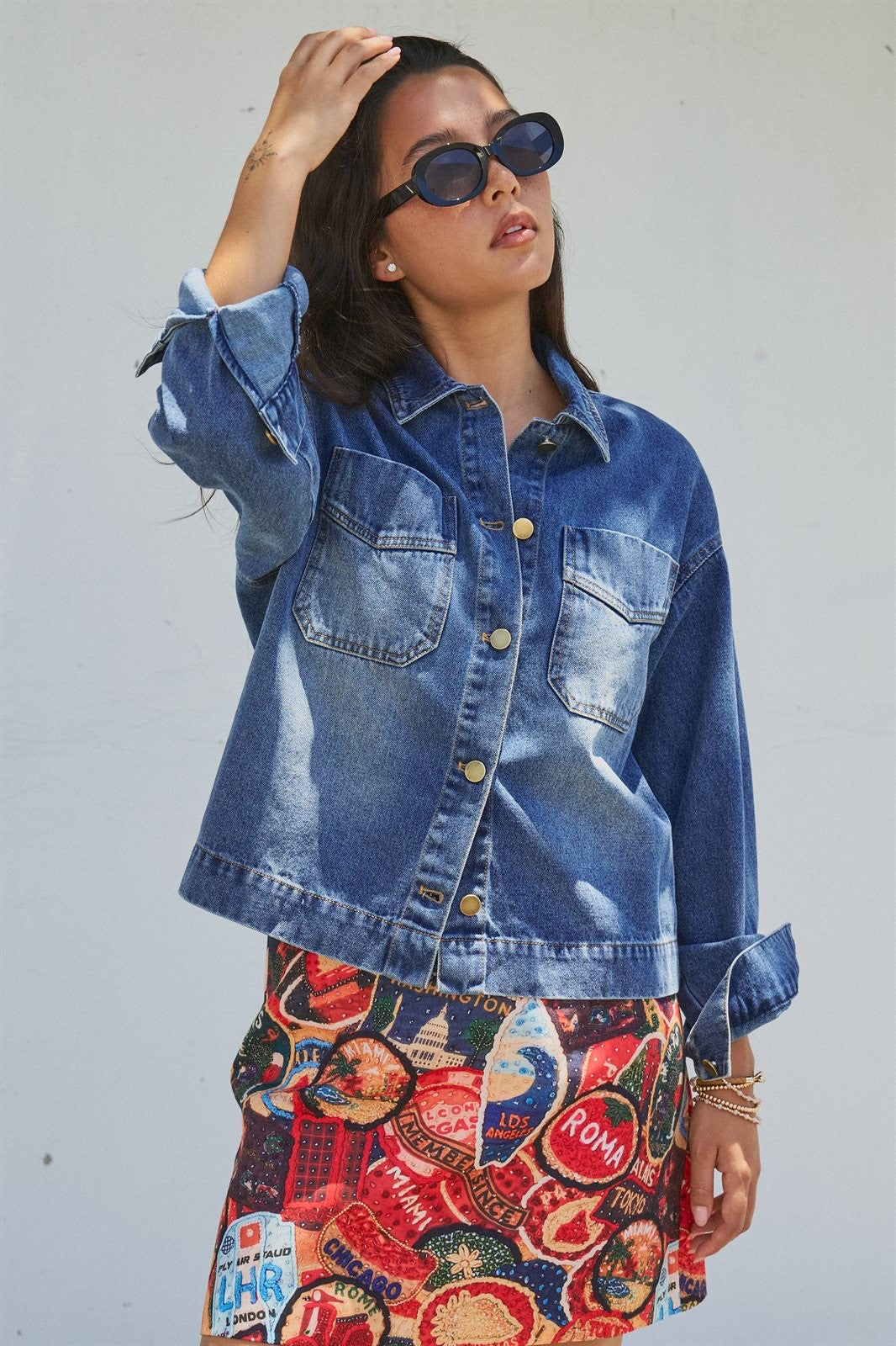 Vintage Wash Denim Shirt Jacket With Gold Buttons in Denim Blue - Women's Fashion | Urban Daizy