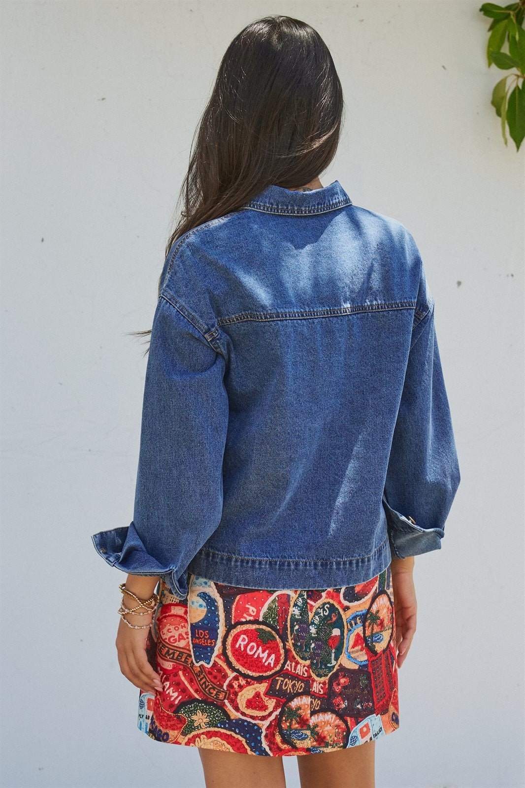 Vintage Wash Denim Shirt Jacket With Gold Buttons in Denim Blue - Women's Fashion | Urban Daizy