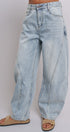 Vintage Wash Barrel Leg Utility Tab Jeans in Lt Denim - Women's Denim | Urban Daizy