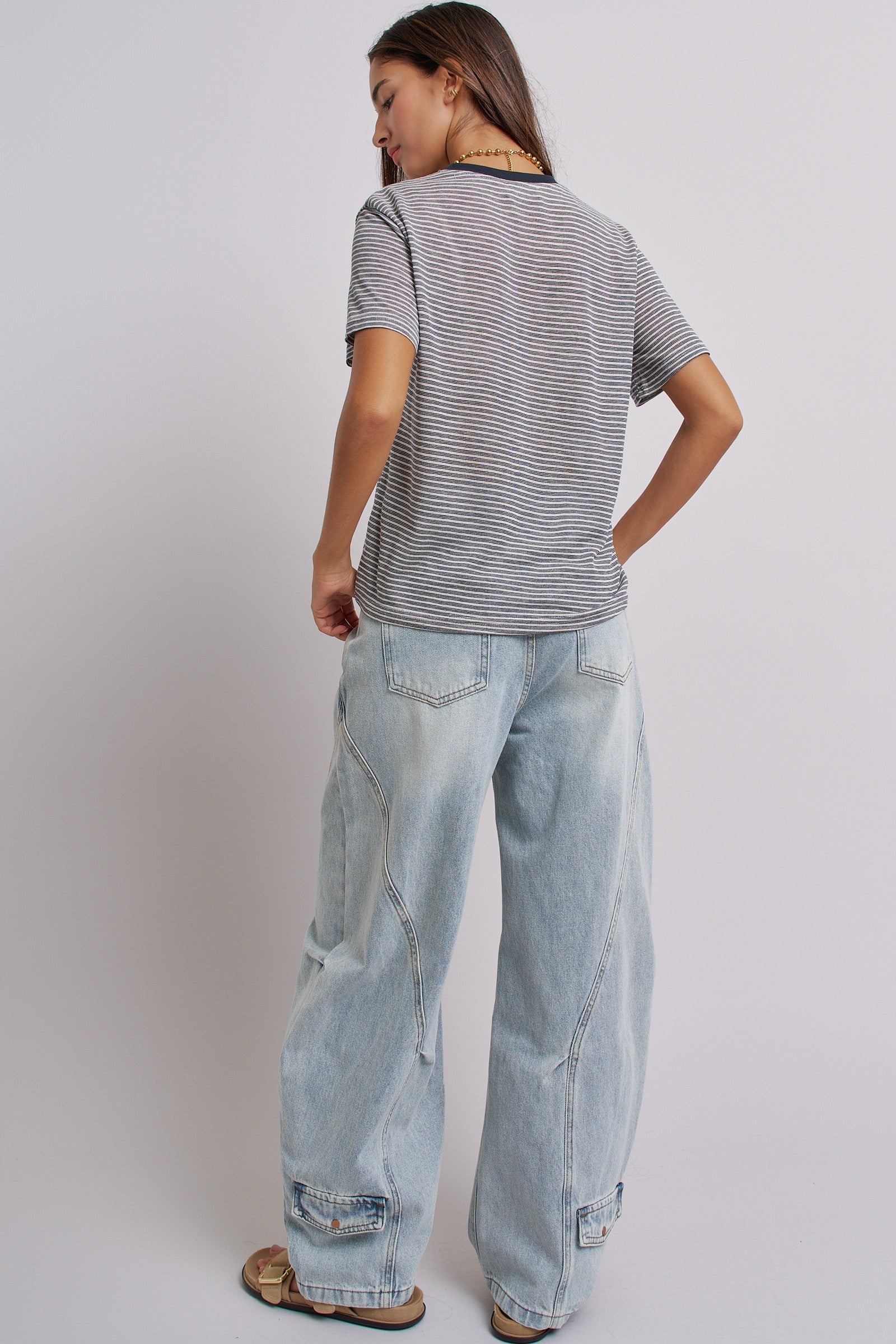Vintage Wash Barrel Leg Utility Tab Jeans in Lt Denim - Women's Denim | Urban Daizy
