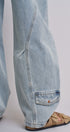 Vintage Wash Barrel Leg Utility Tab Jeans in Lt Denim - Women's Denim | Urban Daizy