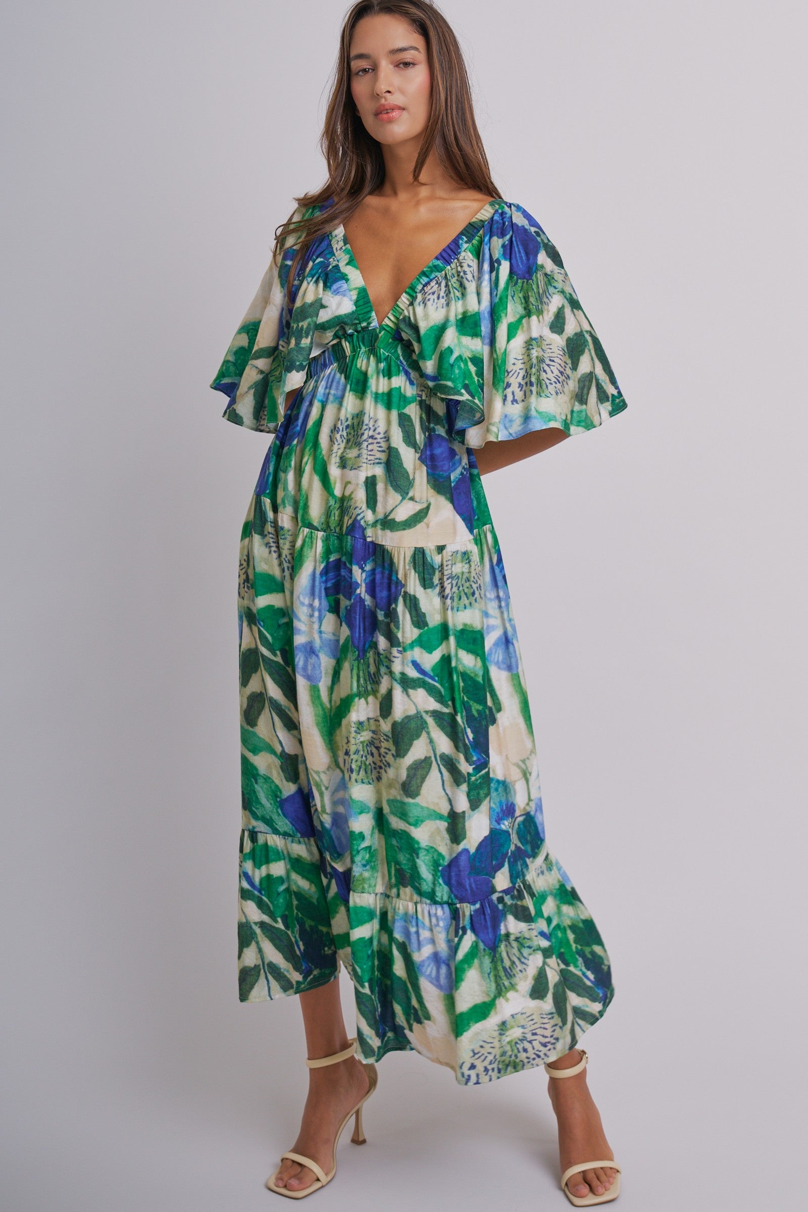 Tropical Print Tiered Maxi Dress With Flutter Sleeves in Blue Green - Women's Dresses | Urban Daizy
