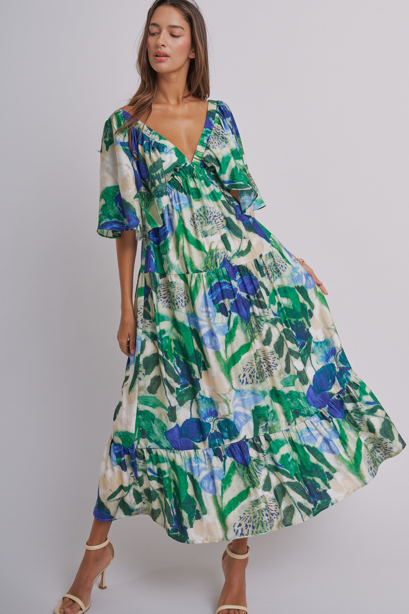 Tropical Print Tiered Maxi Dress With Flutter Sleeves in Blue Green - Women's Dresses | Urban Daizy