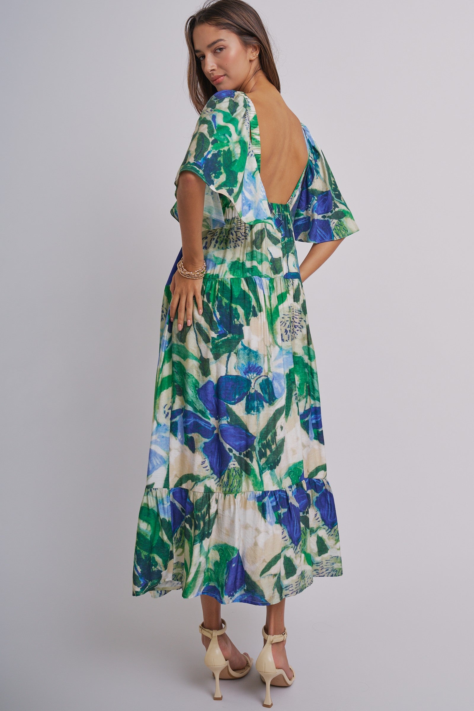 Tropical Print Tiered Maxi Dress With Flutter Sleeves in Blue Green - Women's Dresses | Urban Daizy