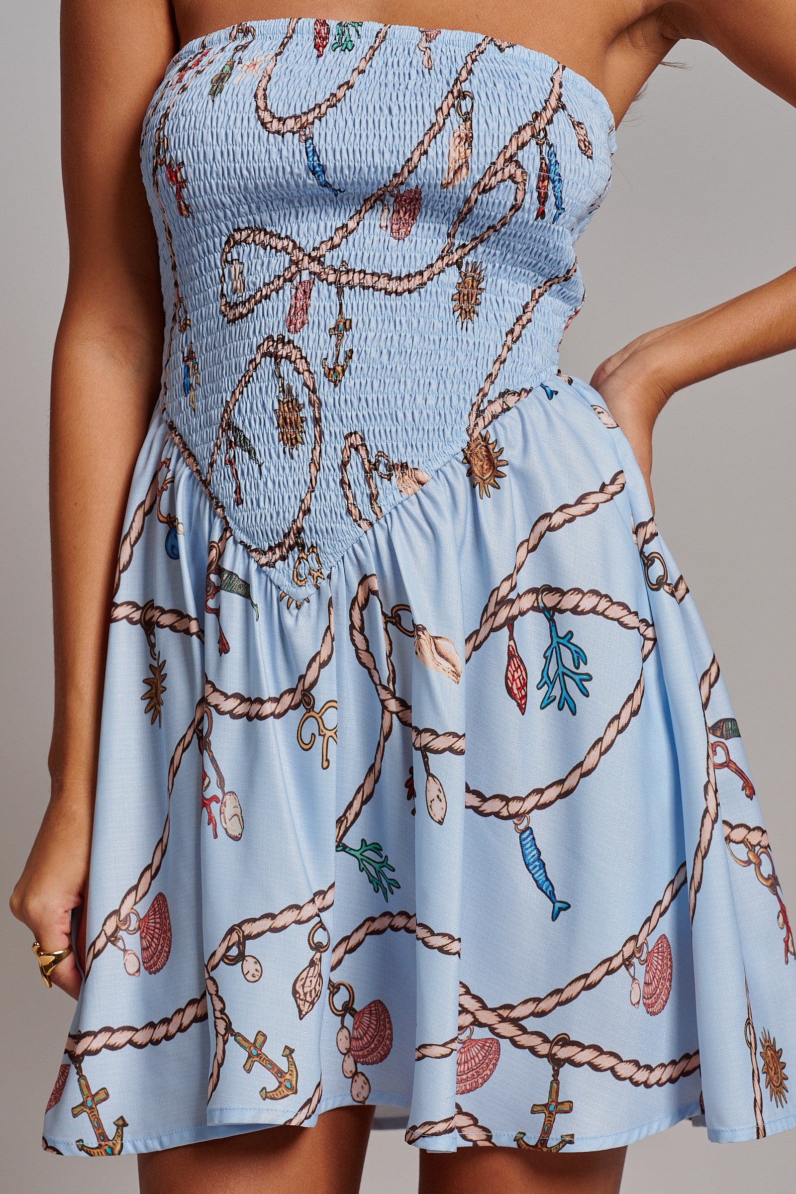 Rope Print Smocked Strapless Mini Dress in Blue - Women's Dresses | Urban Daizy