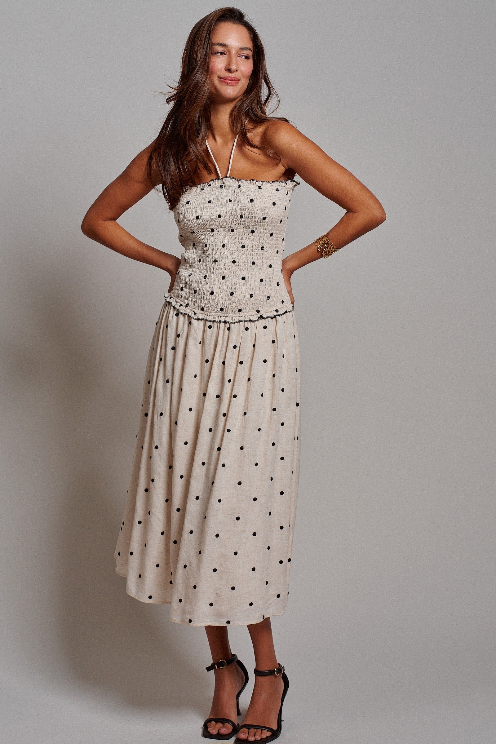 Smocked Polka Dot Halter Midi Dress in Ivory - Women's Dresses | Urban Daizy