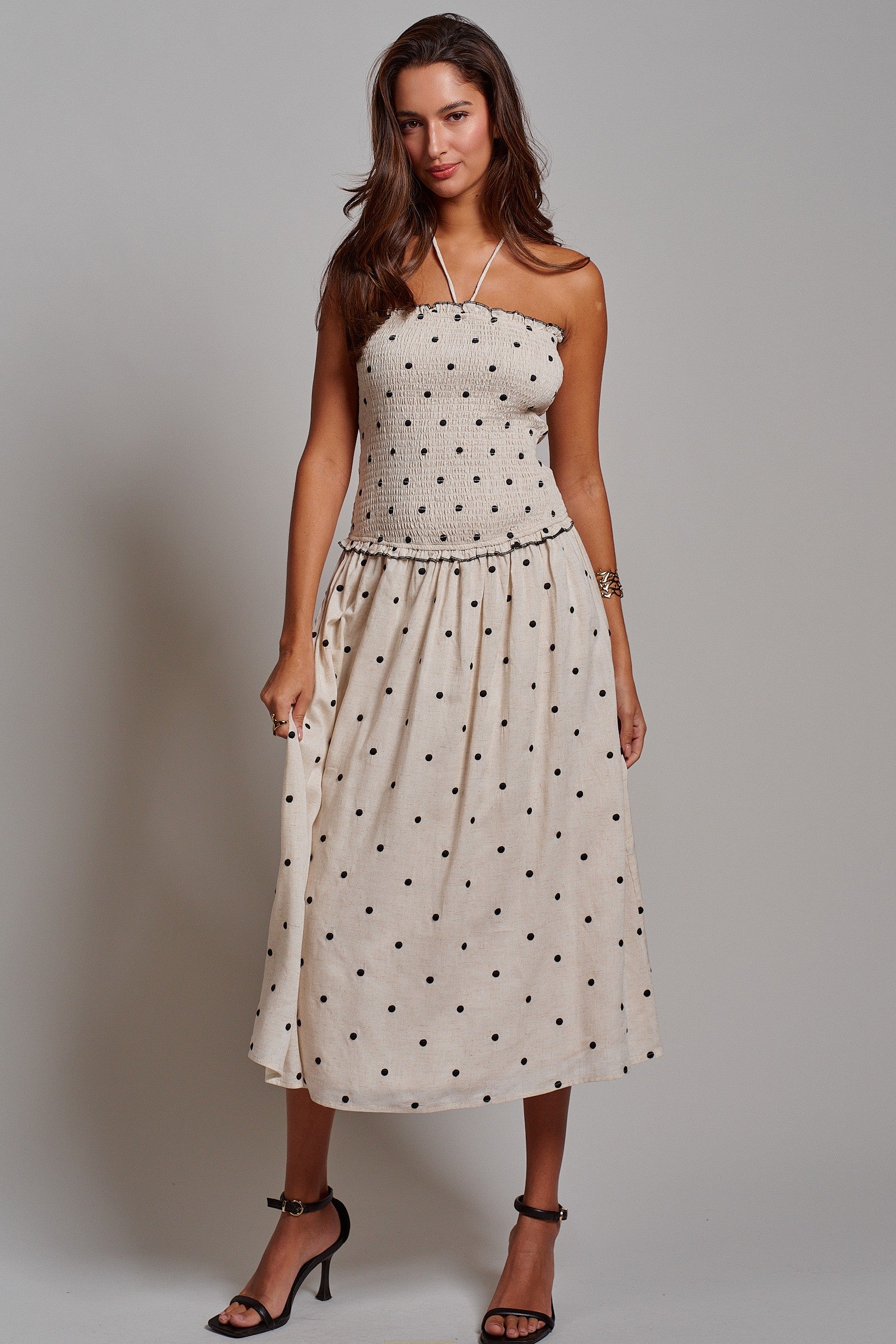 Smocked Polka Dot Halter Midi Dress in Ivory - Women's Dresses | Urban Daizy