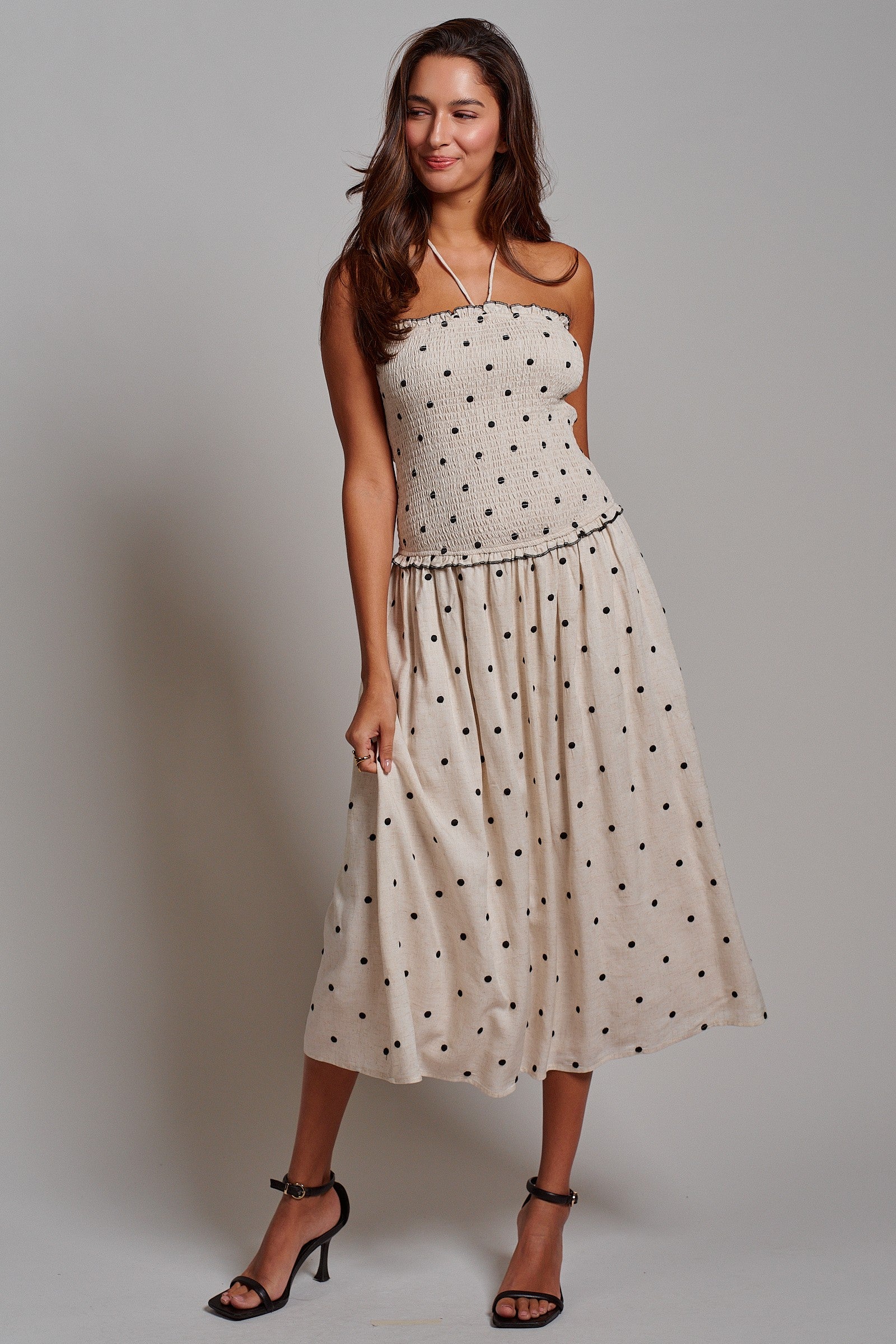 Smocked Polka Dot Halter Midi Dress in Ivory - Women's Dresses | Urban Daizy